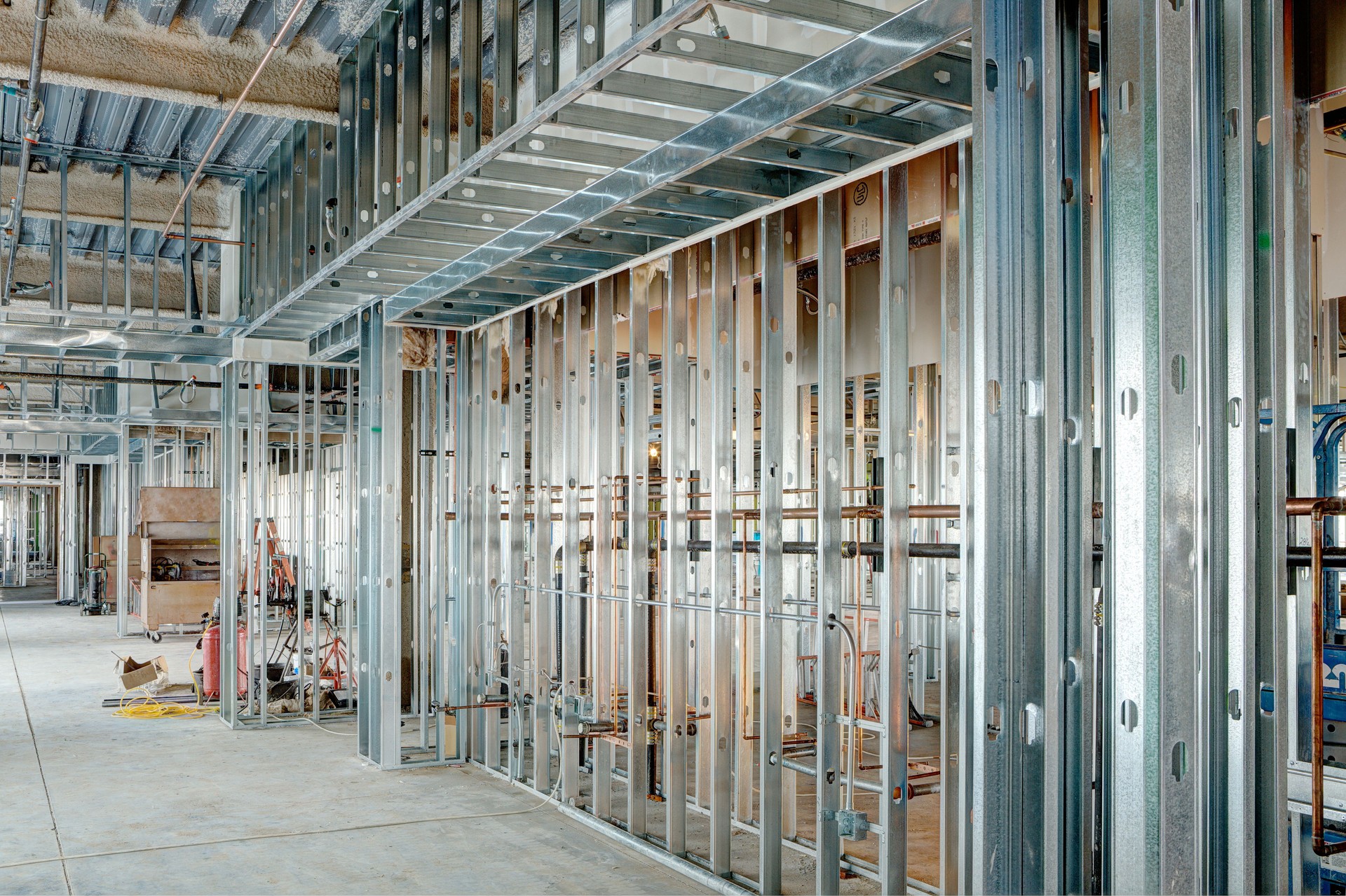 Interior wall steel stud construction